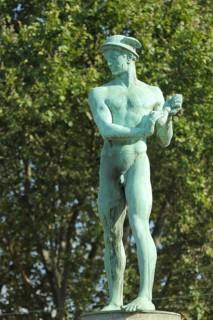 Sculpture figure with verdigris from Merkurbrunnen, Ludwig Erhard Anlage, Westend, Main, Frankfurt,