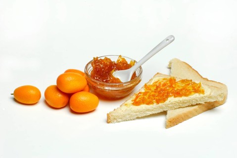 Kumquat-jam (Fortunella) in shell, on toast, -jam, jam, fruit spread