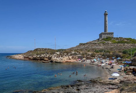 Túnez beach and lighthouse at Cabo de Palos, near La Manga del Mar Menor, Murcia province, Costa