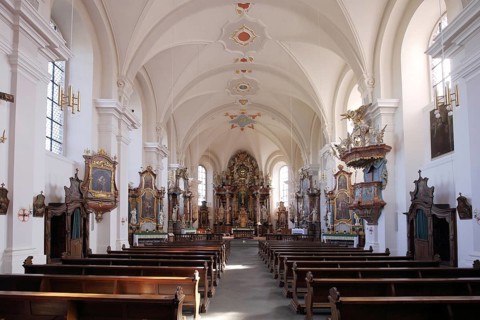 Interior view of the magnificent baroque church in the Franciscan monastery Frauenberg, monastery,