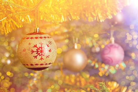 Christmas celebration holiday background, christmas-tree decoration bauble on decorated Christmas