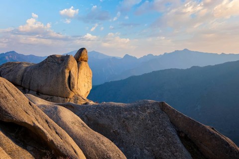 View of stones and rock formations from Ulsanbawi rock peak on sunset. Seoraksan National Park,