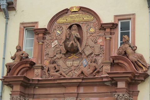 Figures and ornaments with coats of arms, equestrian figure at the castle, Landgrave, Bad Homburg,