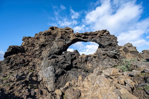 Rock arch, volcanic rock formations, Krafla volcanic landscape, Dimmuborgir lava fields, Mývatn,