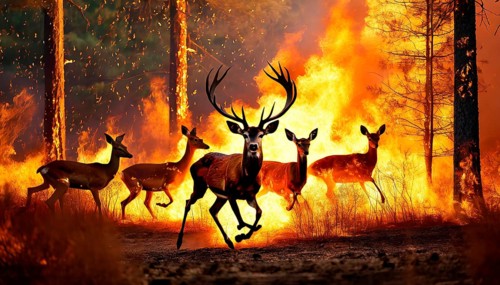 Climate change, global warming, environmental disaster, a herd of deer fleeing a forest fire in