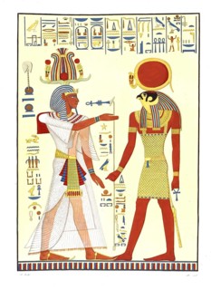 Menphtah II, son and successor of Ramses III, standing in front of Phre, Ra, two gigantic figures