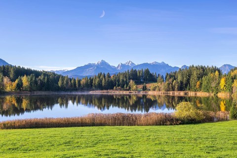Photomontage, Hegratsrieder See near Füssen, moon, Allgäu Alps, Allgäu, Bavaria, Germany, Europe