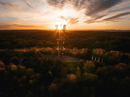 Aerial view of the Schönbuchturm in autumn forest at sunrise, Herrenberg, Germany, Europe
