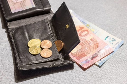 Wallet with coins and notes, euro, Germany, Europe