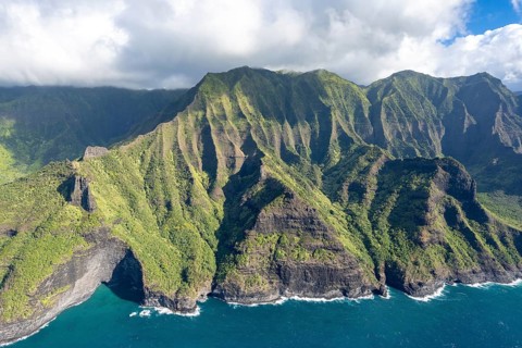 Aerial view Waiahuakua Sea Cave, Napali Coast, Kauai, Hawaii, USA, North America