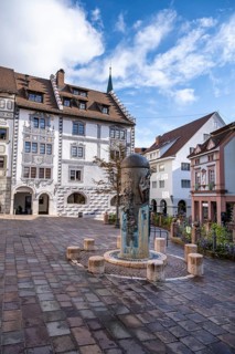 The market square with market fountain in the old town of Engen, Constance district,
