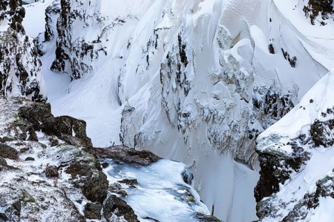 Icy and snow-covered Kolugljufur Canyon, Northern Iceland Vestra, Iceland, Europe