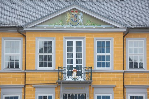 House facade and coat of arms with unicorn and lion figure from the Upper Mining Authority,