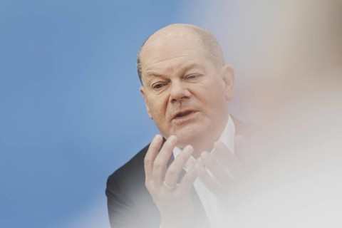 Olaf Scholz (SPD), Federal Chancellor, recorded at a federal press conference on current domestic