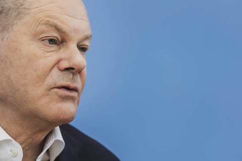Olaf Scholz (SPD), Federal Chancellor, recorded at a federal press conference on current domestic
