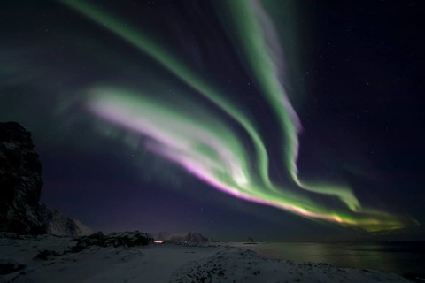Northern Lights (Aurora borealis) in green and rare pink over the bird cliff of Bleik, Vesterålen,
