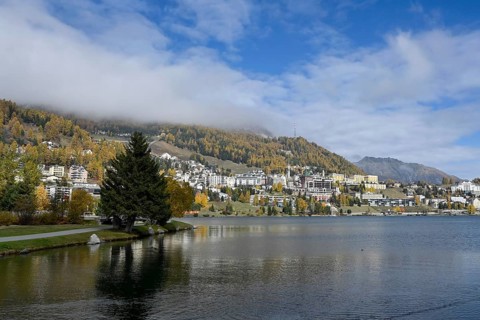 Overview St. Moritz and Lake St. Moritz, Switzerland, Europe