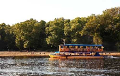 Small paddle steamer on the river Dnepr, excursion boat, Kiev, Ukraine, Europe