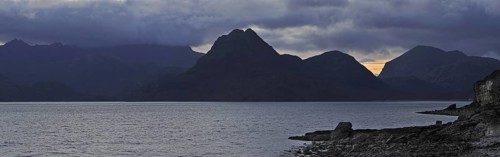 Rain clouds at sunset over the Cuillin Hills, viewed from Elgol on the Island Skye, Inner Hebrides,
