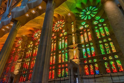 Interior view of the Familia Sagrada by the architect Antonio Gaudi in Barcelona, Spain, Europe