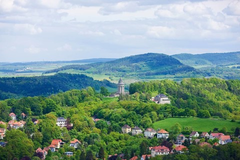 View of Eisenach from Wartburg Castle with the fraternity monument