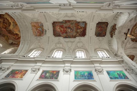Ceiling fresco and modern paintings in the baroque Neumünster Church, Neumünster Church,