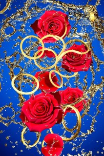 Golden engagement rings and red roses falling into the water with splashes, AI generated