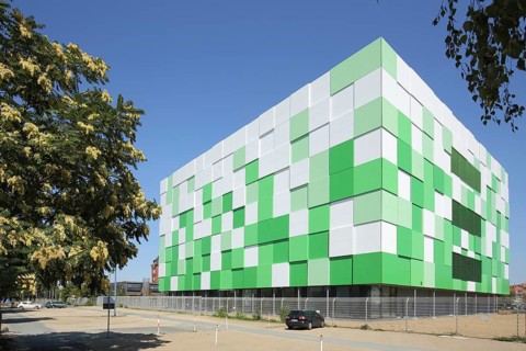 Offenbach energy supply building, EVO, green, white, chequered, Kaiserlei, Main, Offenbach, Hesse,