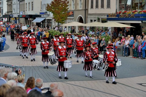 Local costume group parading at Zwetschgenfest, plum festival, Bühl, Baden, Baden-Württemberg,