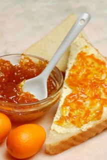 Kumquat-jam (Fortunella) in shell, on toast, -jam, jam, fruit spread
