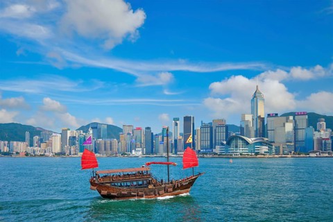 HONG KONG, CHINA, MAY 1, 2018: Hong Kong skyline cityscape downtown skyscrapers over Victoria