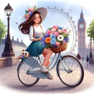 Cute anime girl on bicycle with flowers in the city of London. AI generated