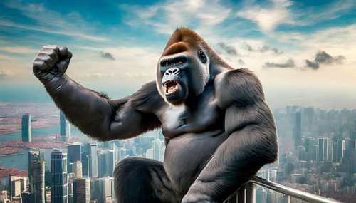 The fictional giant ape King Kong looms over the roof of a skyscraper in New York, AI generated