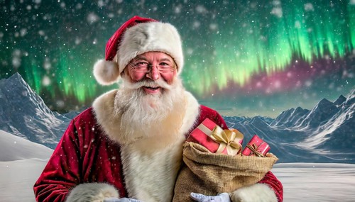 Christmas, Father Christmas with a sack full of presents stands in a snowy landscape, there are