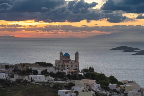 View from Ano Syros to the houses of Ermoupoli with the Anastasi Church or Church of the