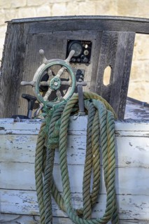 Ropes and steering wheel at a shipwreck, Kucište, Orebic, Pelješac Peninsula, Dubrovnik-Neretva