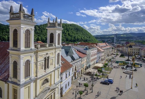 View of the Cathedral of St. Francis Xavier and the main square from the clock tower, Banská