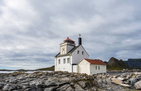 Old lighthouse of Værøy, Vaeroy, Lofoten, Norway, Europe
