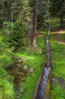 Wooden channel of the Kandelwaal, Martell, South Tyrol, Italy, Europe