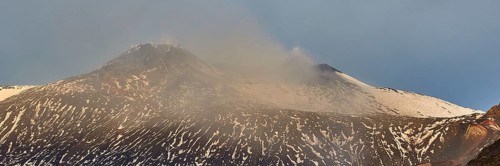 Snow-capped peaks, trees, wall of lava rubble, Etna, volcano, eastern Sicily, Sicily, Italy, Europe