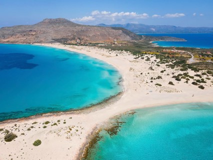Drone shot, double bay of Simos beach, Sarakiniko beach, Elafonisos, Deer Island, Laconia,