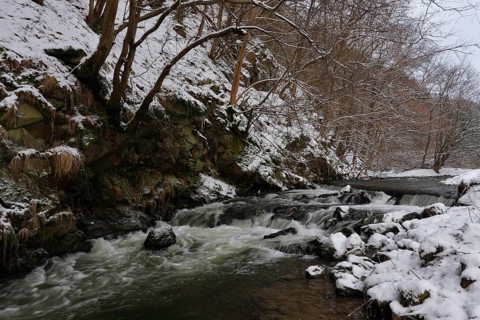Waterfall in the Polenz in Saxon Switzerland in winter, Saxon Switzerland, Elbe Sandstone