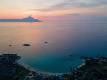 Aerial view, dawn, view of Mount Athos, Orthodox monastic republic with autonomous status under