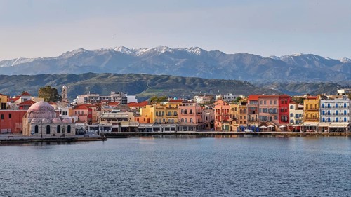 Lefka Ori, White Mountains, Snowy Mountains, Venetian Old Town, Venetian Harbour, Row of Houses,