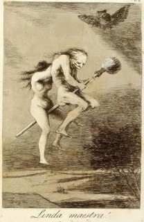 Two witches flying through the night on a broom, Historical, digitally restored reproduction from