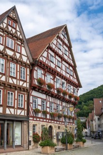 Half-timbered houses on the market square of Bad Urach, Reutlingen district, Baden-Württemberg,