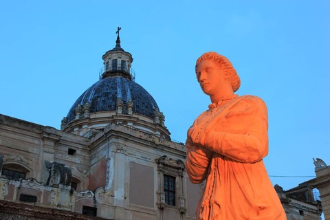 In the old town of Palermo, in Piazza P, Sicily, Italy Retoria, fountain figure of the Fontana