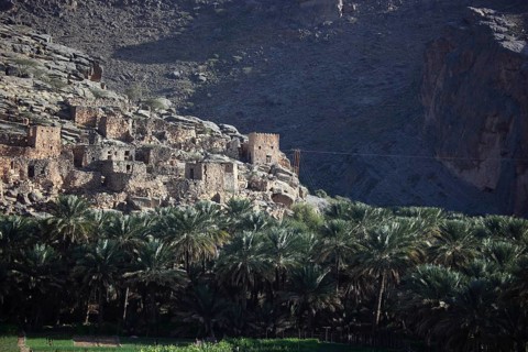 Abandoned houses of the historic settlement of Ghul at Jebel Shams, Oman, Asia