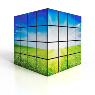 Ecology environmetal nature protection concept, cubes with beautiful landscape on white reflective