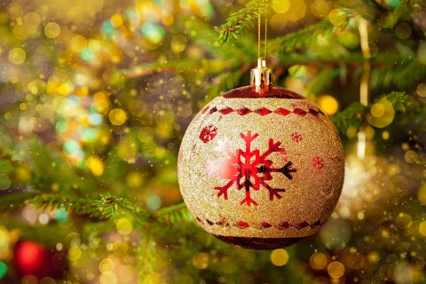 Christmas celebration holiday background, christmas-tree decoration bauble on decorated Christmas